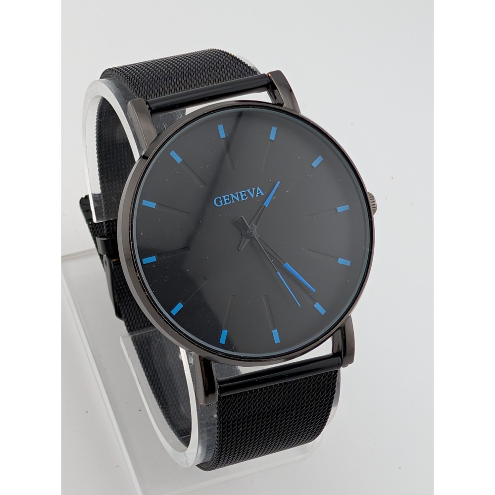 Geneva Watch Men 38mm Black Case Mesh Metal Band- New Battery
